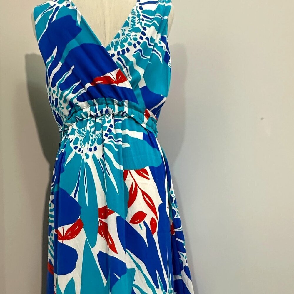 Sleeveless Silk-Inspired Dress with Blue & Orange Botanical Pattern  (SIZE 6)